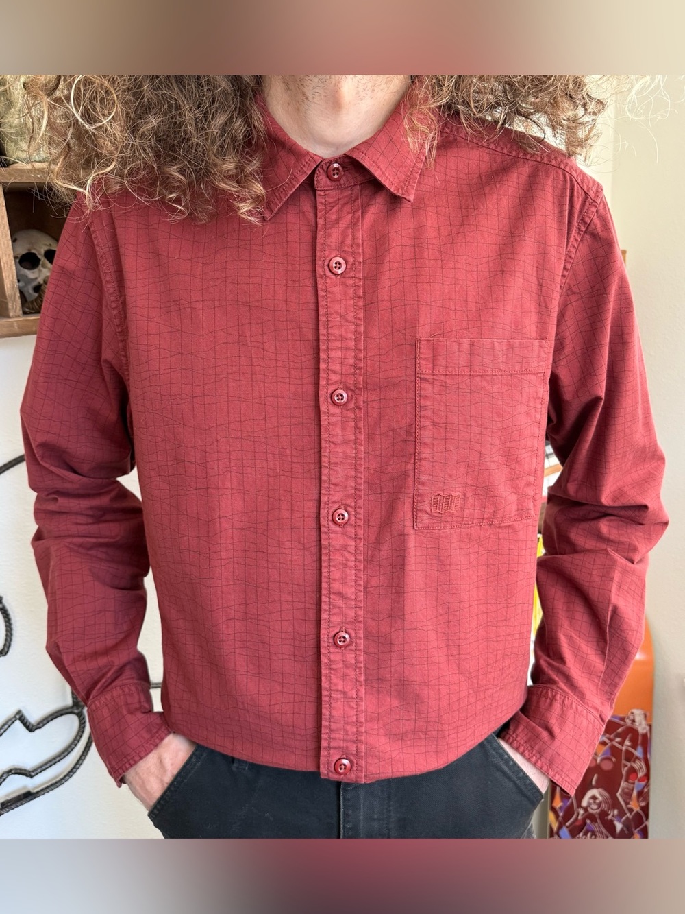 Topo Designs Brick Red Abstract Plaid LS Button Down Shirt ~ Size Large